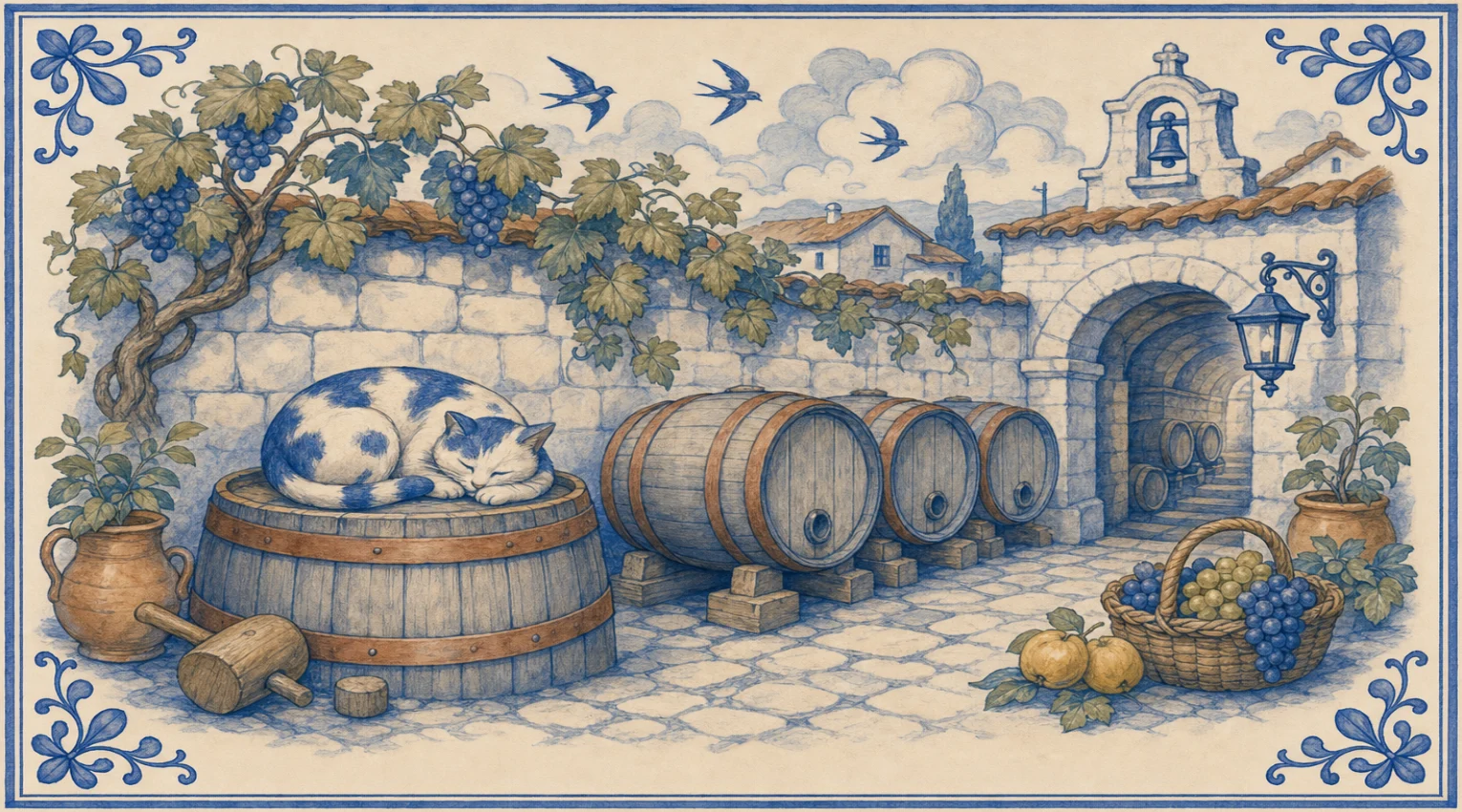 A blue-and-white azulejo mural of a patched cat curled asleep on top of an oak barrel in a monastery cellar yard, a wooden mallet at its foot, three more barrels on blocks beside an arched cellar door, a vine with grapes along the stone wall and a basket of grapes and quinces.