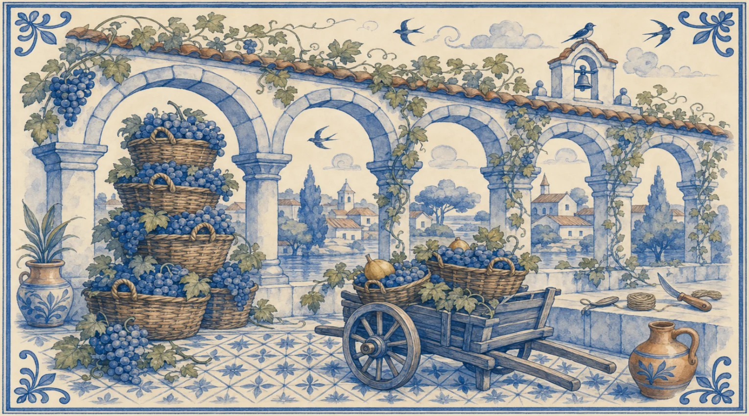 A blue-and-white azulejo mural of wicker baskets heaped with grapes stacked beneath a vine-hung cloister arcade, a wooden handcart of grapes and quinces on the patterned floor, a little bell tower on the roof and a riverside village seen through the arches.