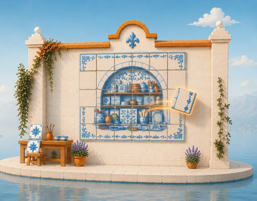A tiled azulejo mural being rebuilt on a stone monastery wall by the water, one tile gliding into place.