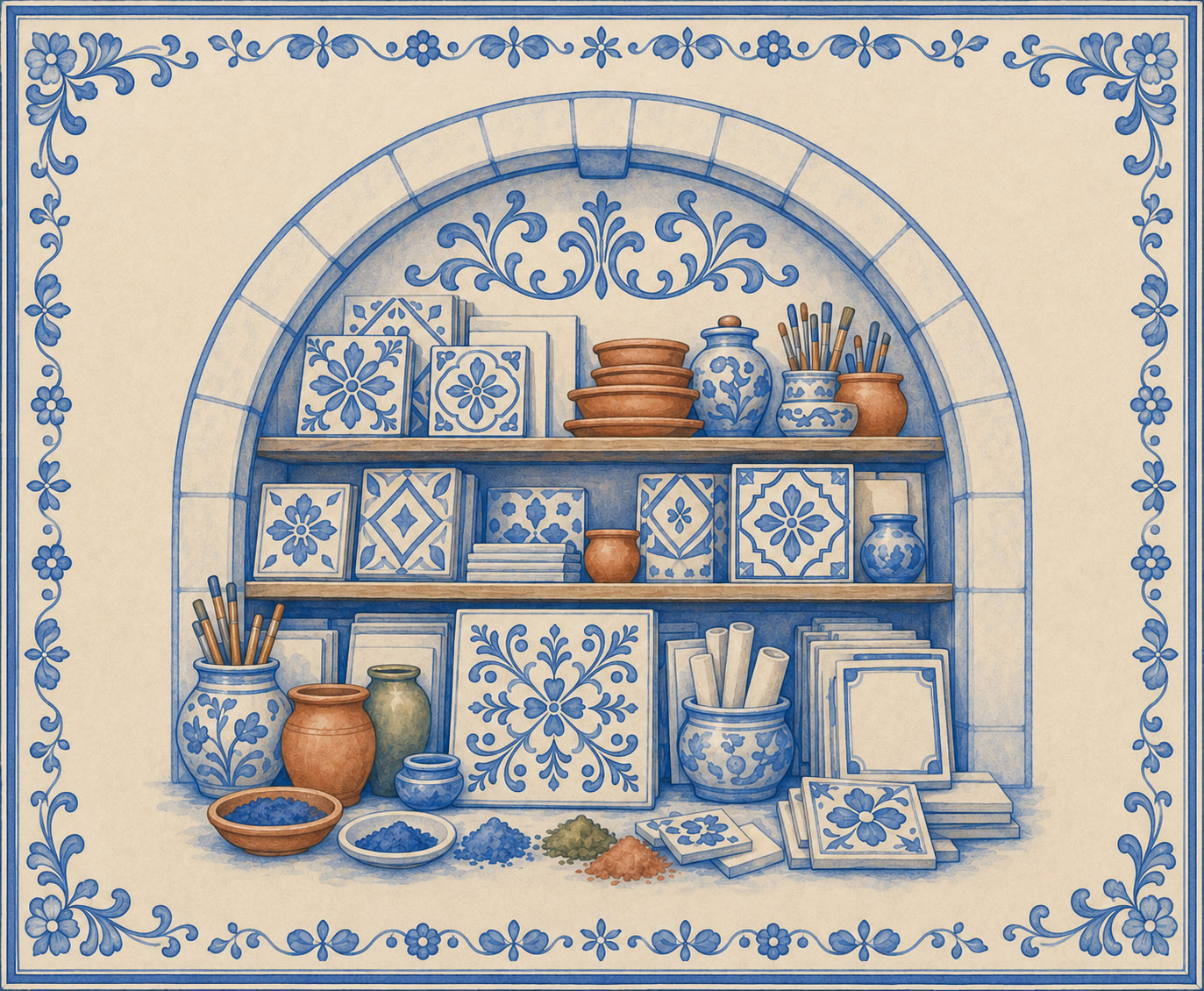 The Tile Store — racks of painted azulejo tiles and terracotta pots.