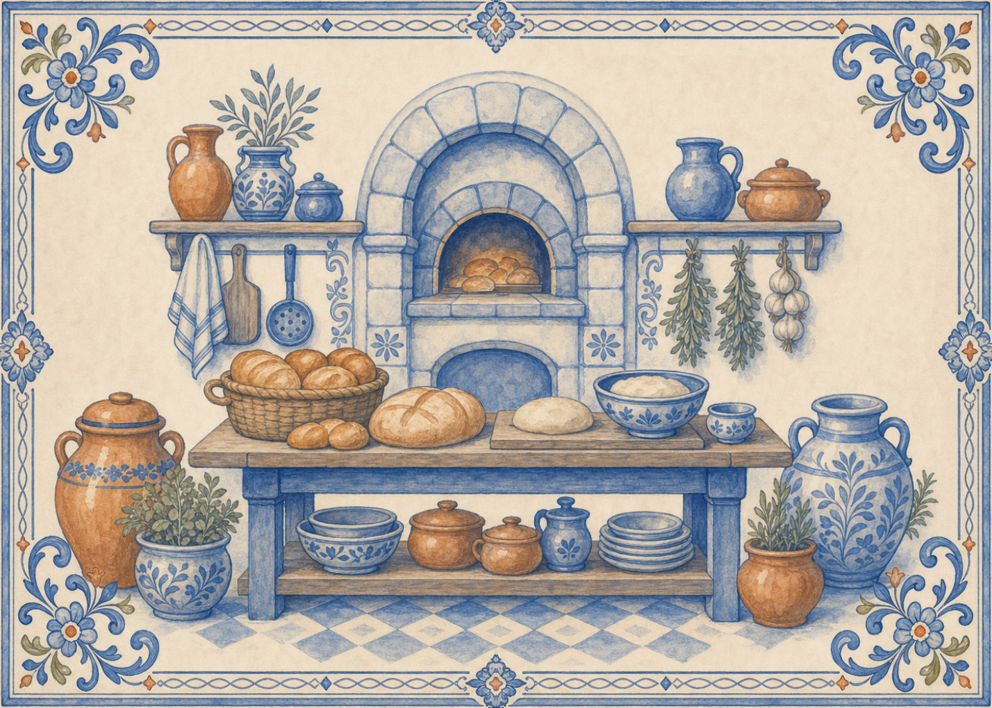 The Bakery — a bread oven, loaves and baskets, painted in blue on tile.