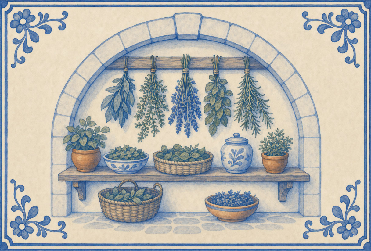 The Herb Drying Room — bunches of herbs hung to dry above baskets and pots, painted in blue on tile.